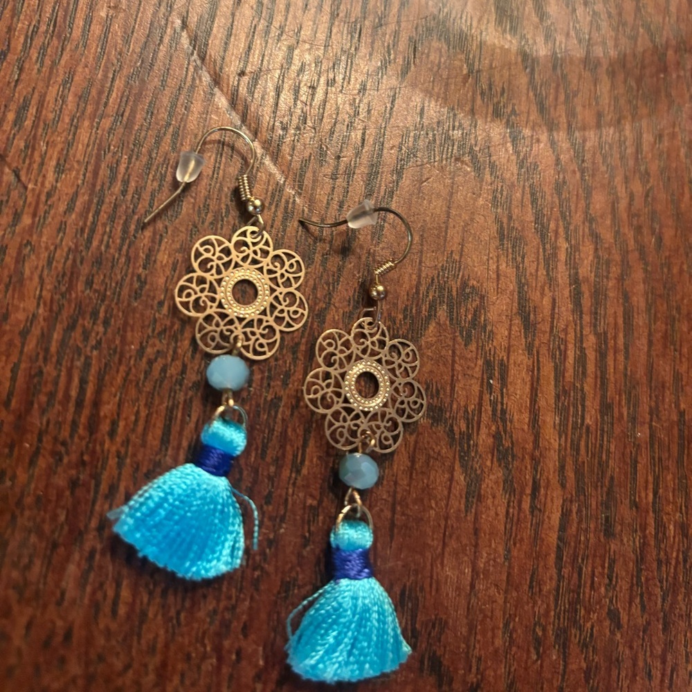 Elegant Gold, Teal & Blue Tassel Earrings